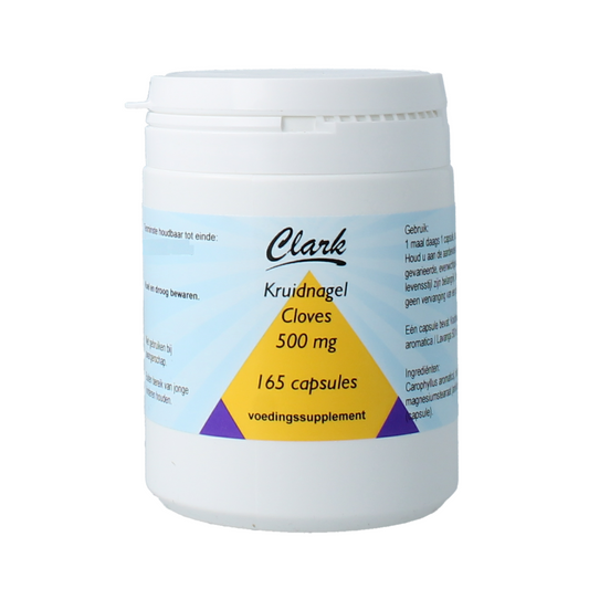 Clark Kruidnagel/clove capsules, herbal supplement, with a bottle and capsules visible in the image.