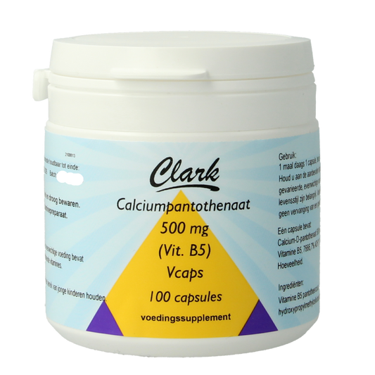 Clark Vitamine B5 Pantothenic Acid 500mg vegetarian capsules, close-up of the bottle with capsules inside.