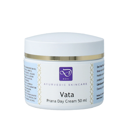 Holisan Prana Vata day cream in 50ml jar, facial skincare product with a white and green packaging design.