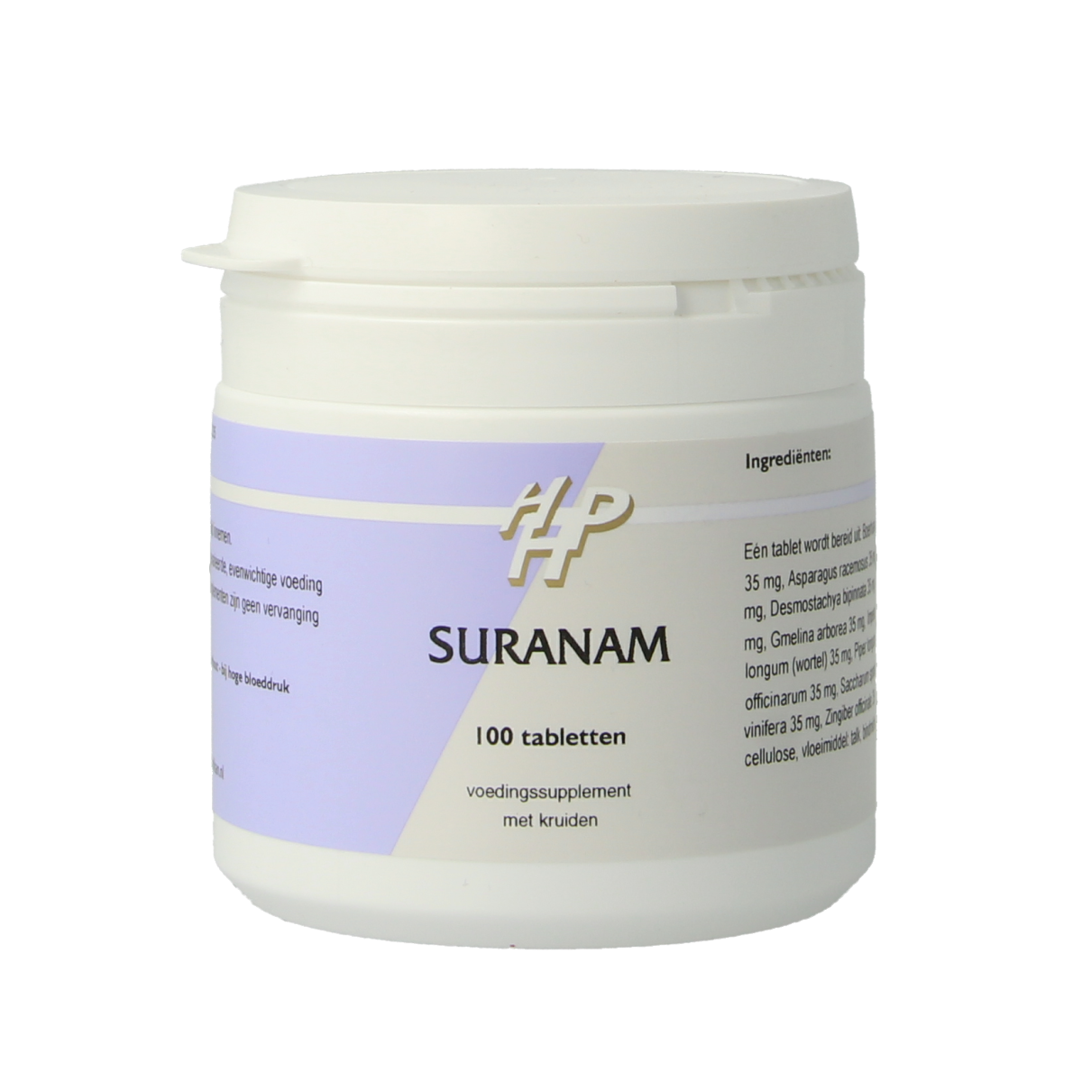 Holisan Suranam 100.00 herbal supplement tablets in a white bottle with label showing product details.
