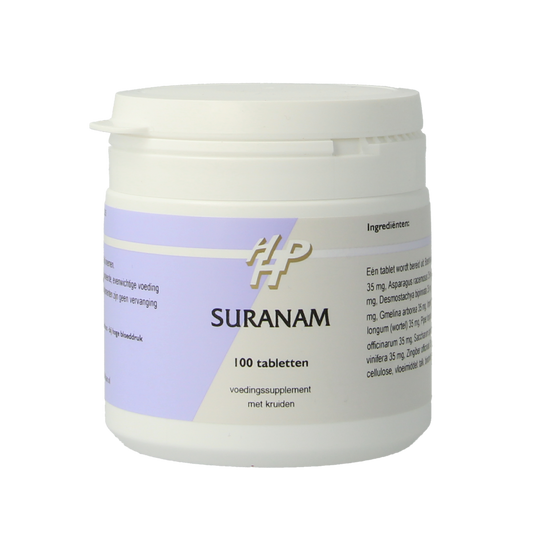 Holisan Suranam 100.00 herbal supplement tablets in a bottle, part of Holisan's kruidenpreparaten product line.