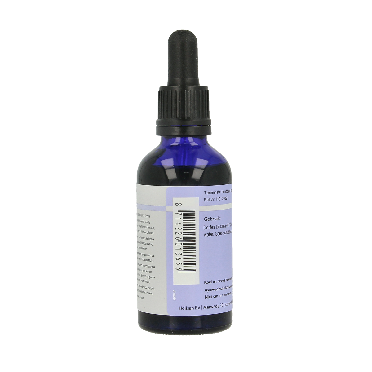 Holisan Subidan herbal oil bottle, 50ml, in a clear container with a black cap, used as a herbal supplement or remedy.