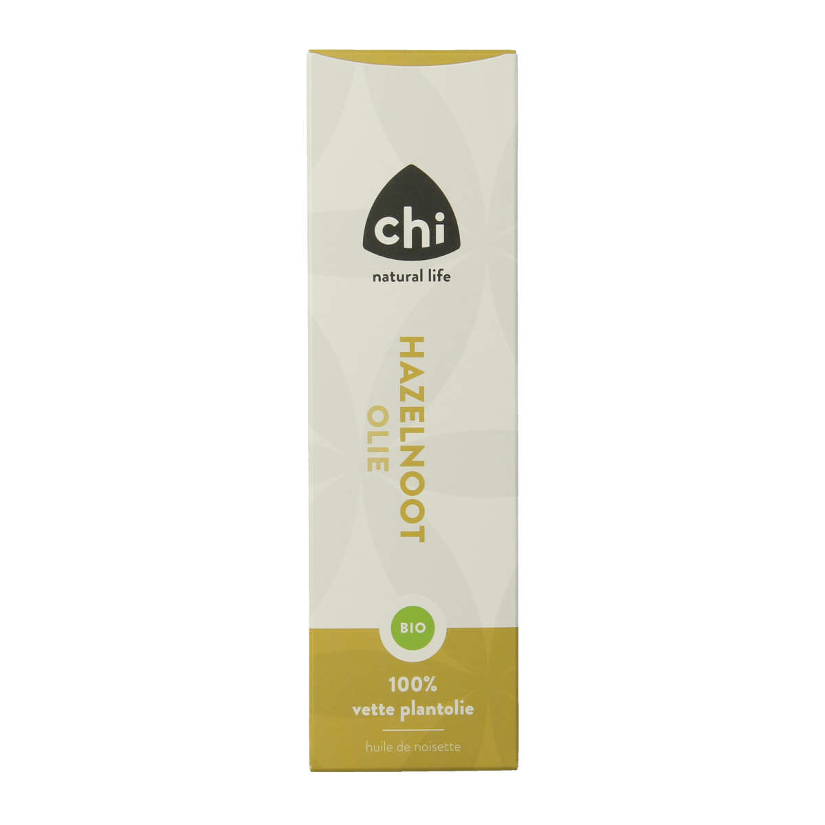 Chi Hazelnoot olie bio 100 ml, natural body care product with hazelnut oil in a clear bottle, natural and nourishing appearance.