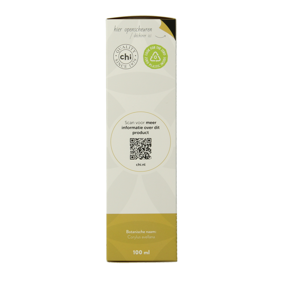 Chi Hazelnoot Bio Body Oil 100ml, natural almond nut skincare product with a clear bottle and label.
