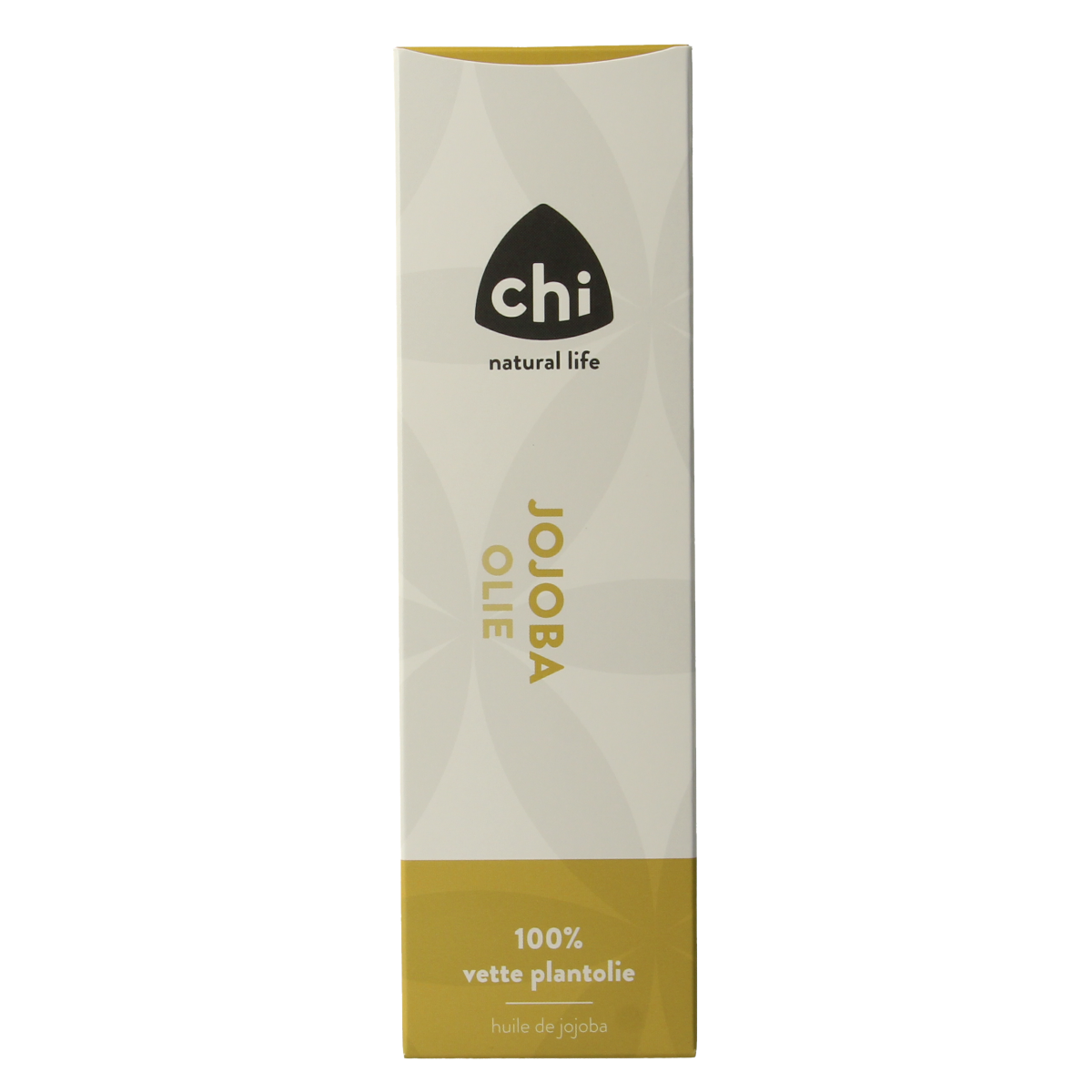 Chi Jojoba olie 100ml bottle for body care, featuring a clear container with a golden-colored jojoba oil inside.