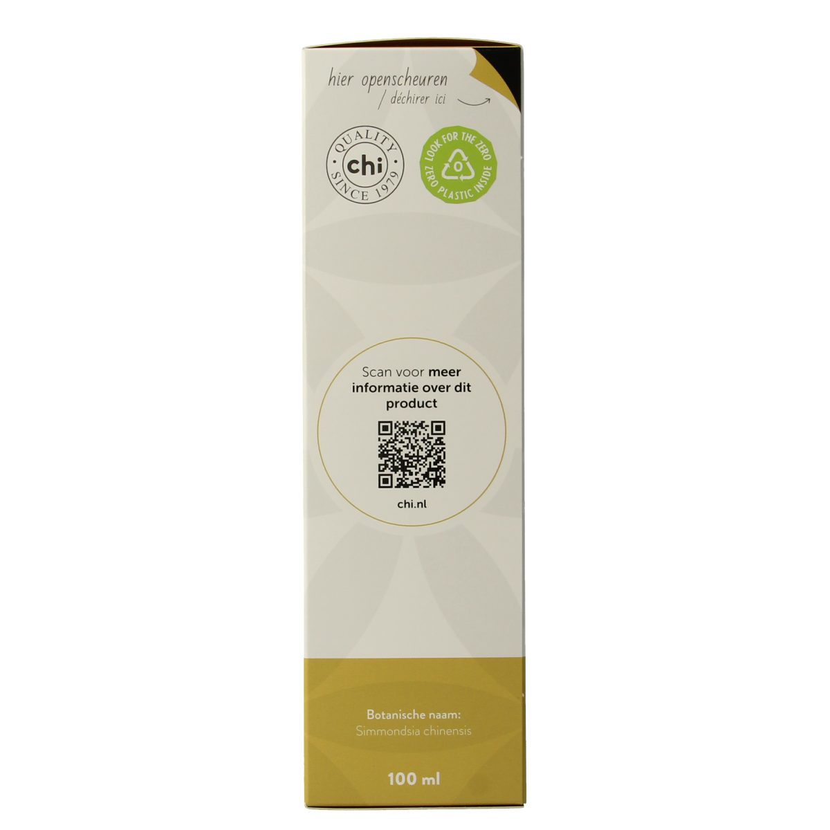 Chi Jojoba olie 100ml bottle for body care, featuring a clear container with dark liquid oil and a white cap.