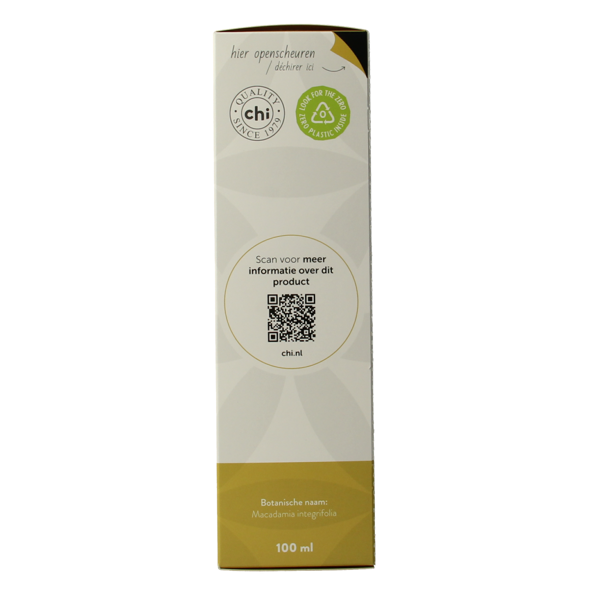 Chi Macadamia olie eco 100ml facial care bottle with dropper, natural skincare product for face and skin hydration.
