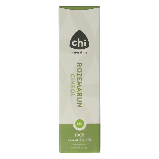 Chi Rozemarijn cineol bio essential oil in a 10ml bottle, with fresh rosemary sprigs and a dropper for aromatic use.