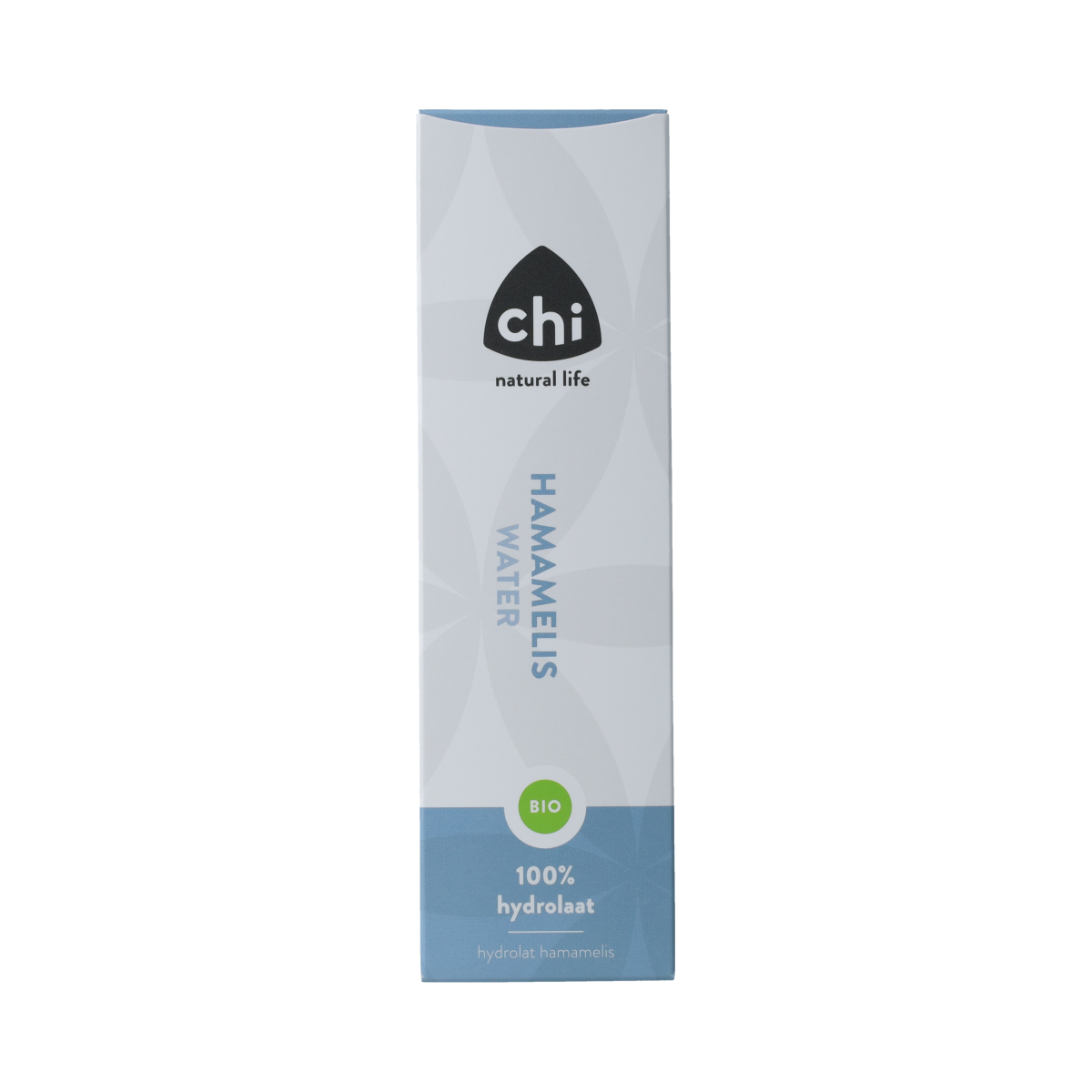 Chi Hamamelis hydrolaat bio 150ml in a clear spray bottle, natural facial toner for skin care, with botanical ingredients.