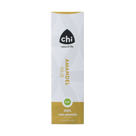 Organic Chi almond oil in a 100ml bottle, natural body care product with a clear label and dropper cap, suitable for skincare.