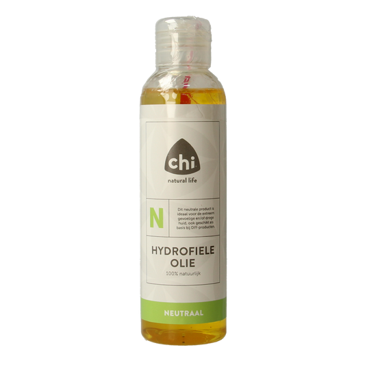 Chi Hydrofiele olie neutraal in 150ml bottle, natural body care product with clear label and transparent packaging.