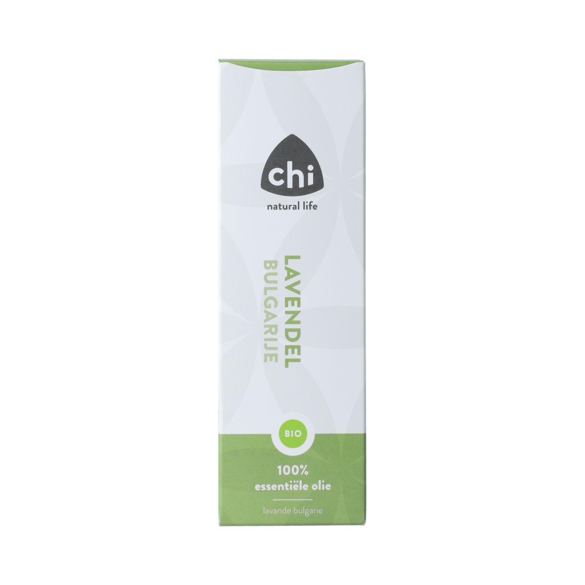 Chi Lavendelolie Bulgarije bio, 50ml, organic lavender essential oil in a clear glass bottle, with lavender flowers in the background.