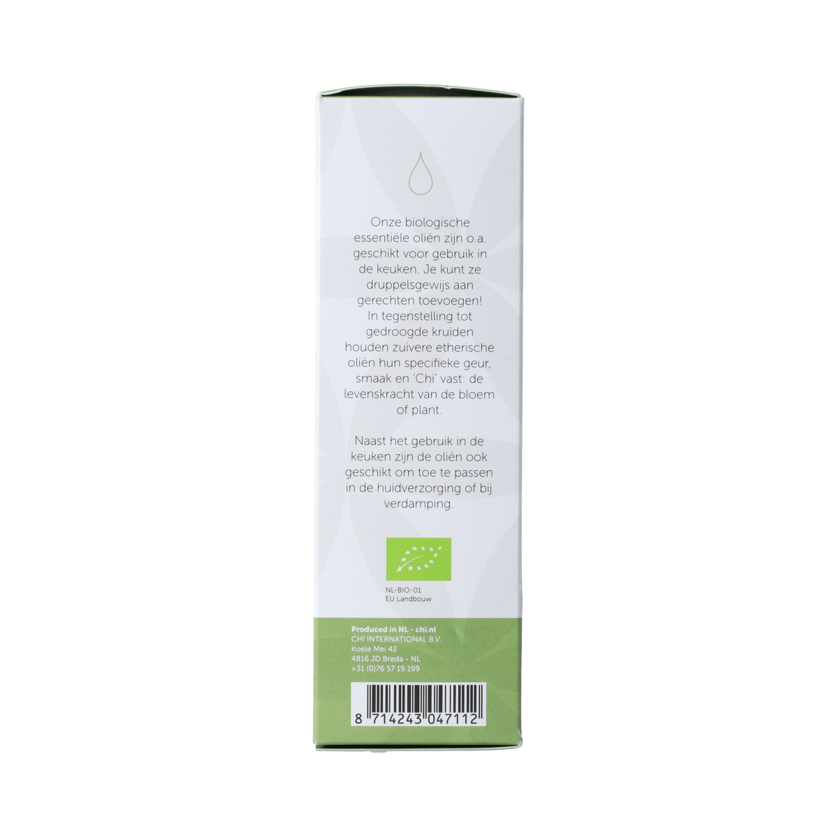 Organic Chi lavender essential oil in a 50ml bottle, showcasing the clear liquid and label on the dark glass container.