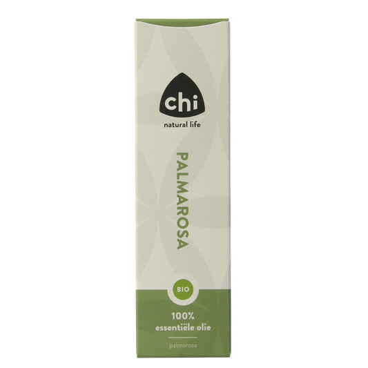 Chi Palmarosa organic essential oil bottle, 10ml, with label showing product details and clear glass container.
