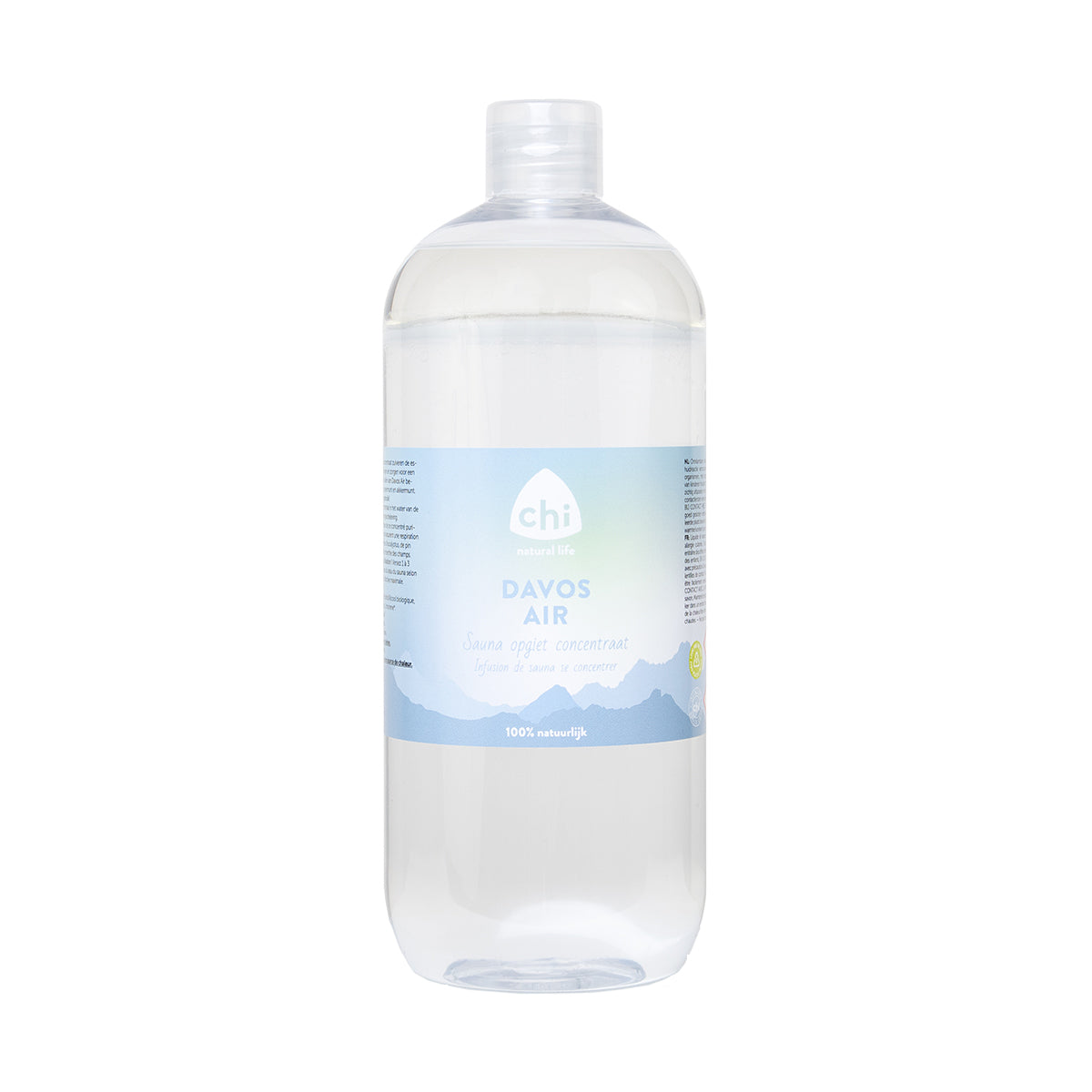 Chi Davos sauna opgiet concentraat 1L, aromatic etherische oliën for relaxing sauna sessions, shown in a clear bottle with label.