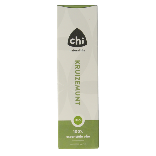 Chi Kruizemunt organic essential oil in a 10ml bottle, featuring a clear container with a green label and aroma of fresh mint leaves.