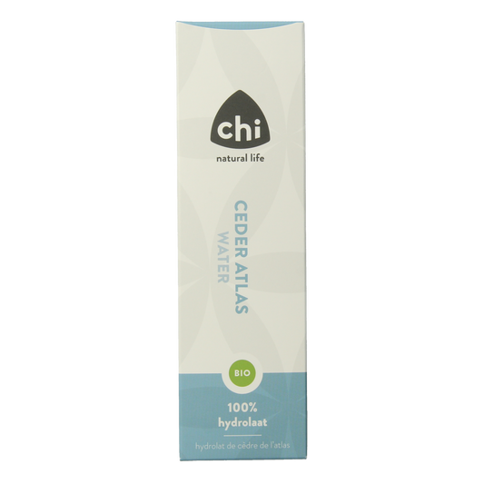 Chi Cedar Atlas hydrolat EKO 150ml bottle, natural body care product with a clear, labeled spray bottle featuring cedarwood imagery.