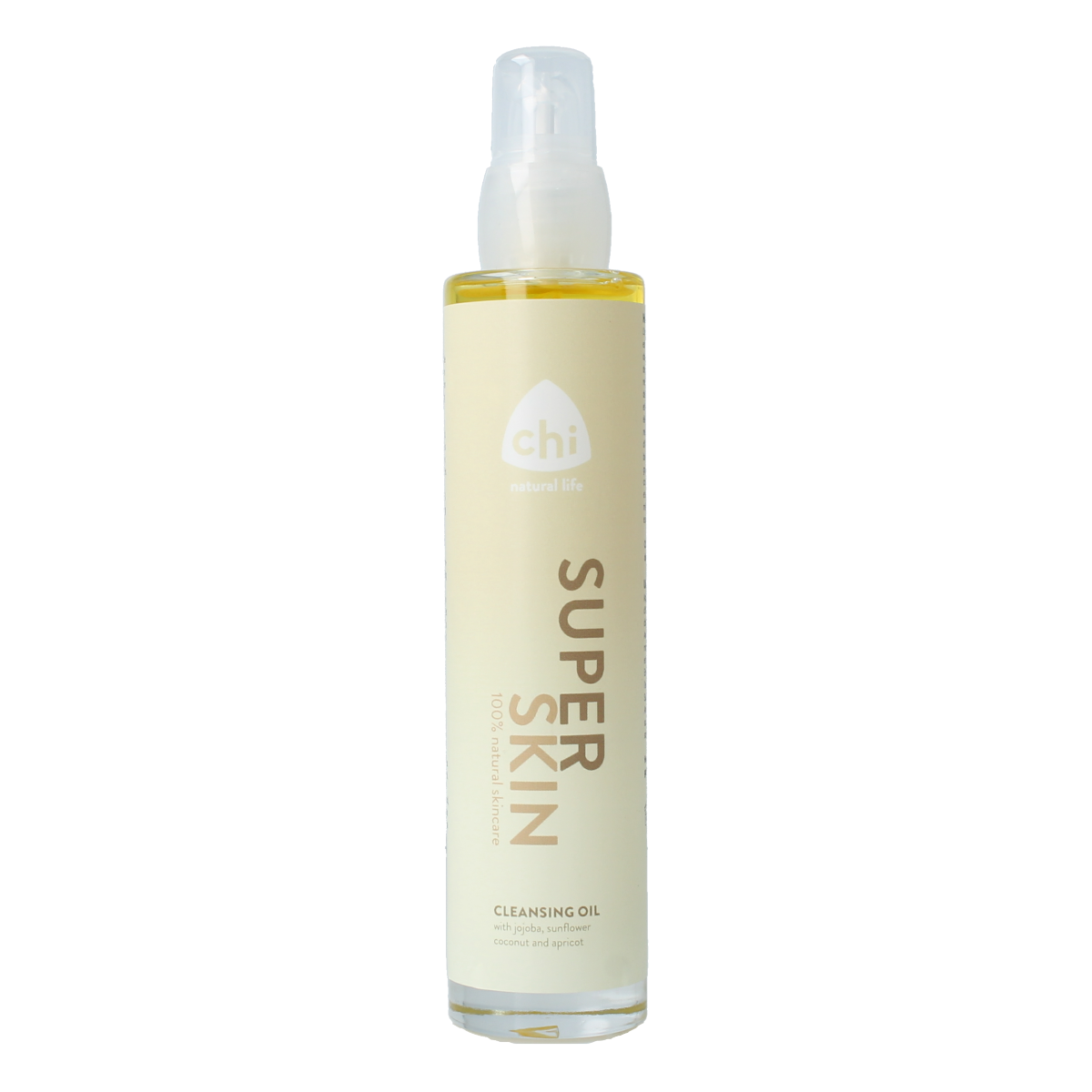 Chi Superskin cleansing oil 100ml in a clear bottle, featuring a white pump dispenser, designed for body skincare.