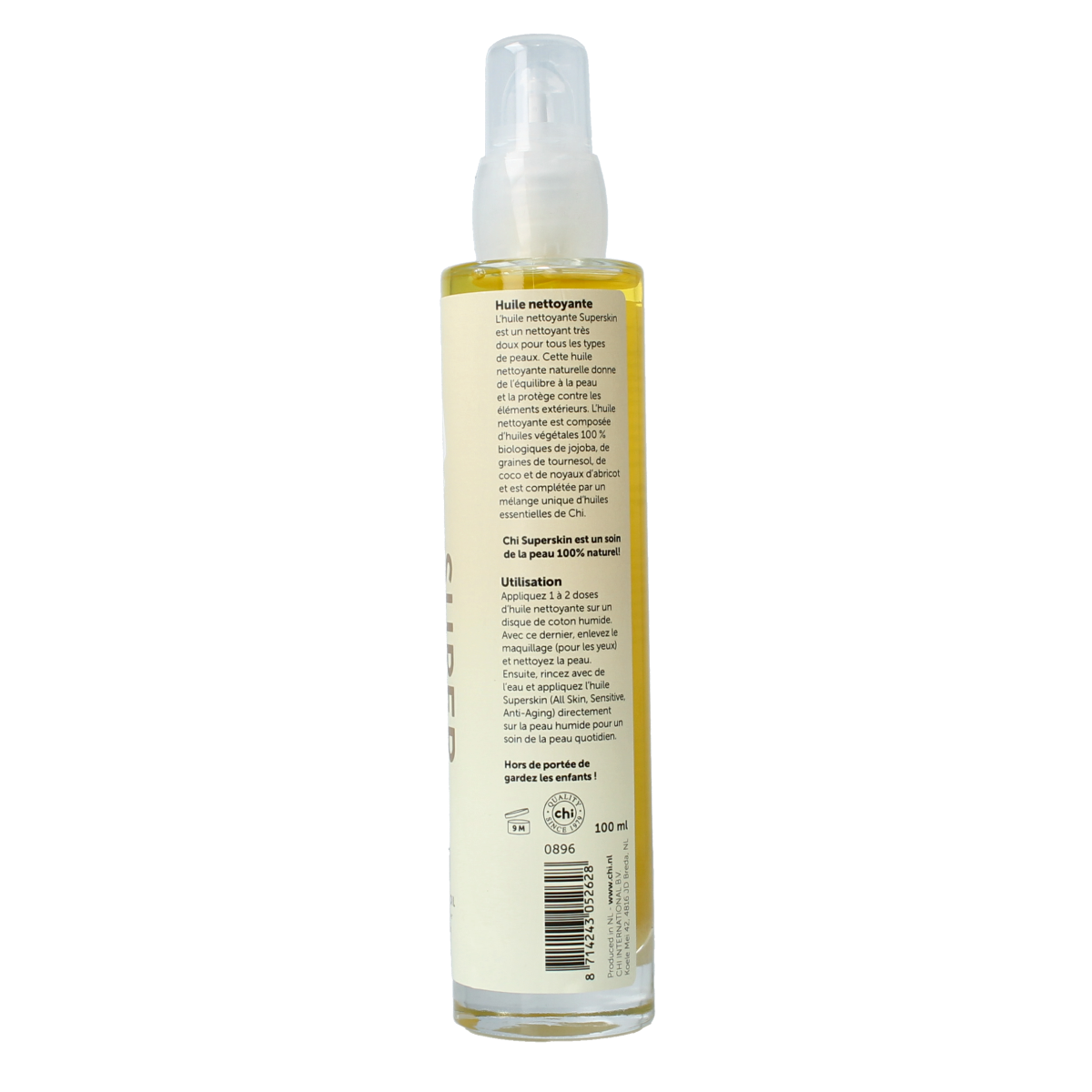 Chi Superskin cleansing oil bottle, 100ml, for body care, with a sleek design and clear label showing the Chi brand and product details.