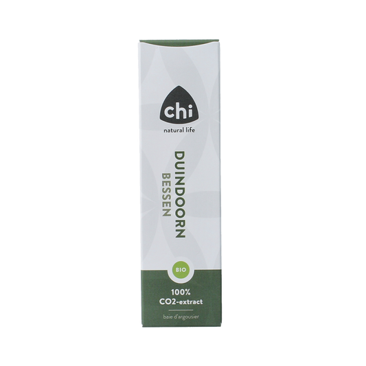 Chi brand Duindoorn bessen CO2 bio essential oil in a 10ml bottle, with a clear label showing natural orange-colored liquid.