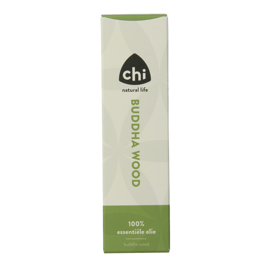 Chi Buddha wood essential oil bottle with 2.50 ml capacity, featuring a clear label and dark glass container.