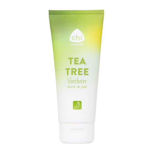 Chi Tea Tree Voetboter, 100ml, natural foot care cream with tea tree oil, visible tube and product label.
