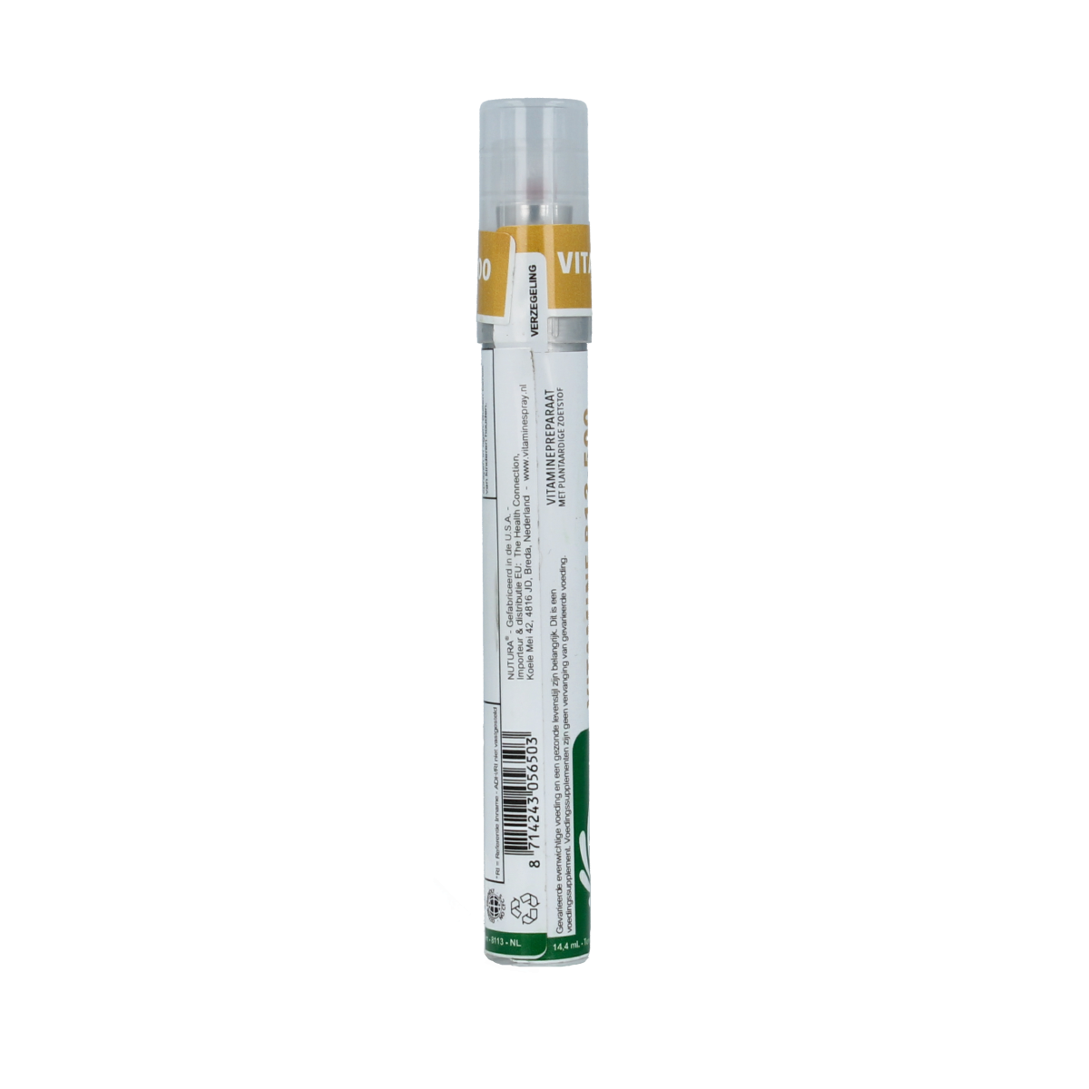 Nutura Vitaminesprays B12, 14.40 ml vitamin spray, close-up of the Nutura brand vitamin B12 spray bottle.