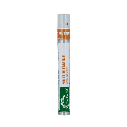 Nutura Vitaminesprays Multi Vitamin spray bottle with 14.4ml capacity, featuring colorful packaging and a spray nozzle.