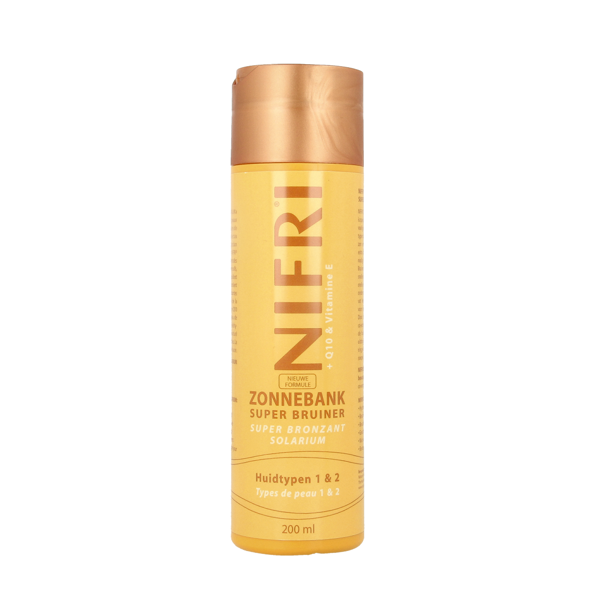 Nifri Zonnebank superbruiner 1 & 2 tanning lotion bottle, 200ml, for skin tanning and bronzing, with a black and orange label