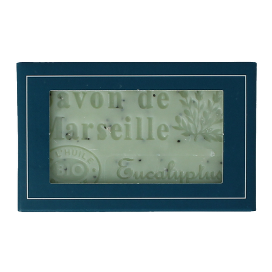 Aroma Vera Marseillezeep eucalyptus bio soap with natural ingredients, 125 grams, shown in a close-up image.