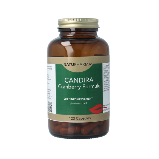 Natupharma Candira cranberry capsules bottle with label, 120 capsules, herbal supplement for urinary health.