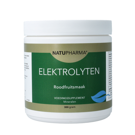 Natupharma Elektrolyten rood fruit mineral supplement in a 300g container, featuring colorful fruit-flavored powder with a scoop.