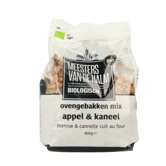 De Halm ovengebakken appel en kaneel bio ontbijtgranen in een 400g doos, zichtbare mix van granen, appels en kaneel.