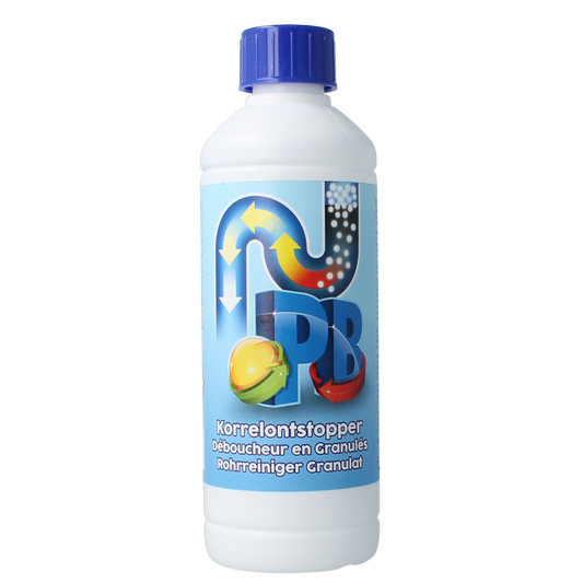 PB Korrelontstopper 500g cleaning product in a container with a label, used for cleaning and stain removal.
