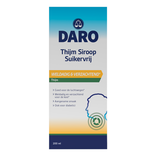 Daro Kruidenpreparaten Thijmsiroop suikervrij in 200ml bottle, herbal syrup with natural ingredients and no added sugar.