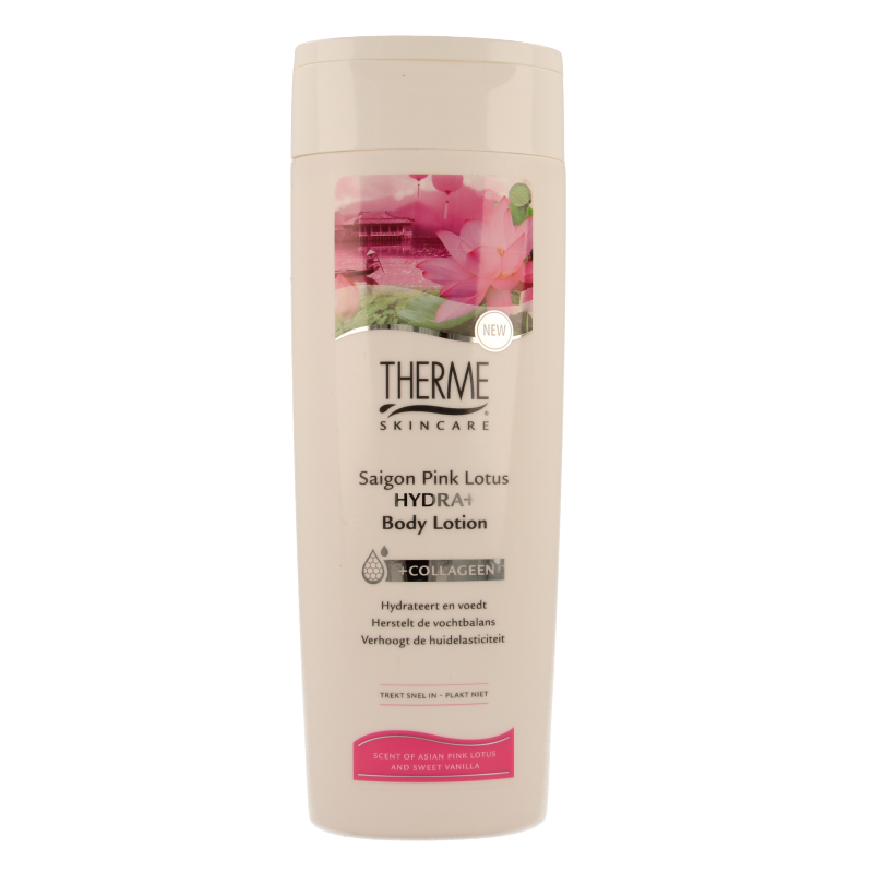 Therme Saigon Pink Lotus Bodylotion Hydra+ 250ml bottle showing pink lotus flower and lotion dispenser for body care.