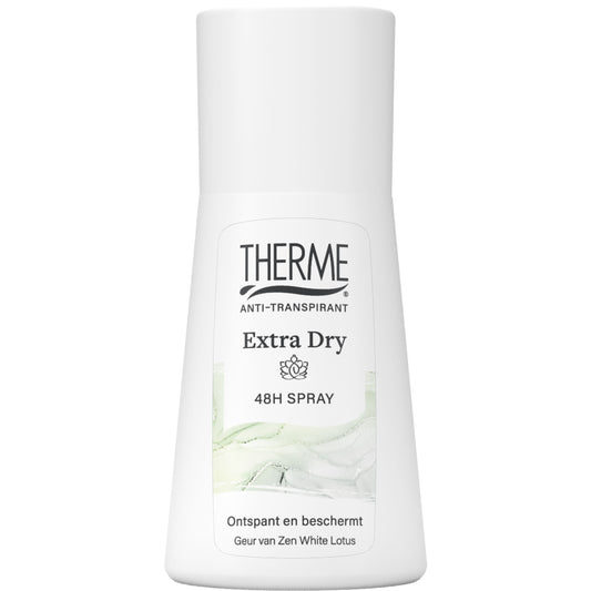 Therme Deospray anti-transpirant extra dry deodorant spray in 75ml bottle, showing the aerosol can with branding and product label.