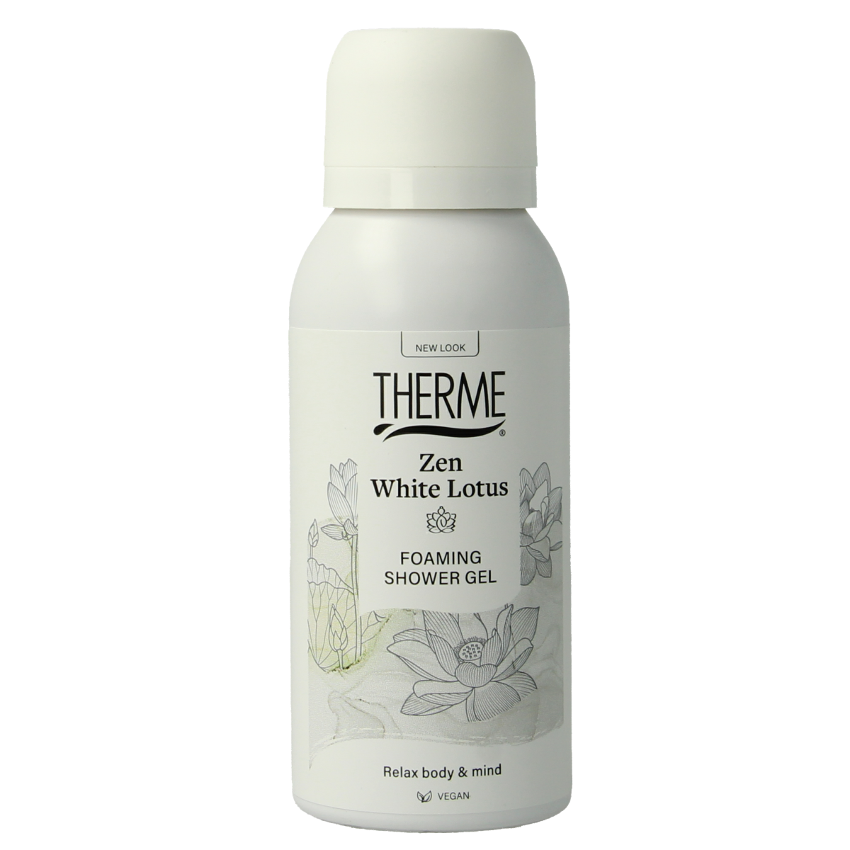 Therme Zen White Lotus foam shower bottle 50ml with white and purple packaging, featuring floral design and product label.