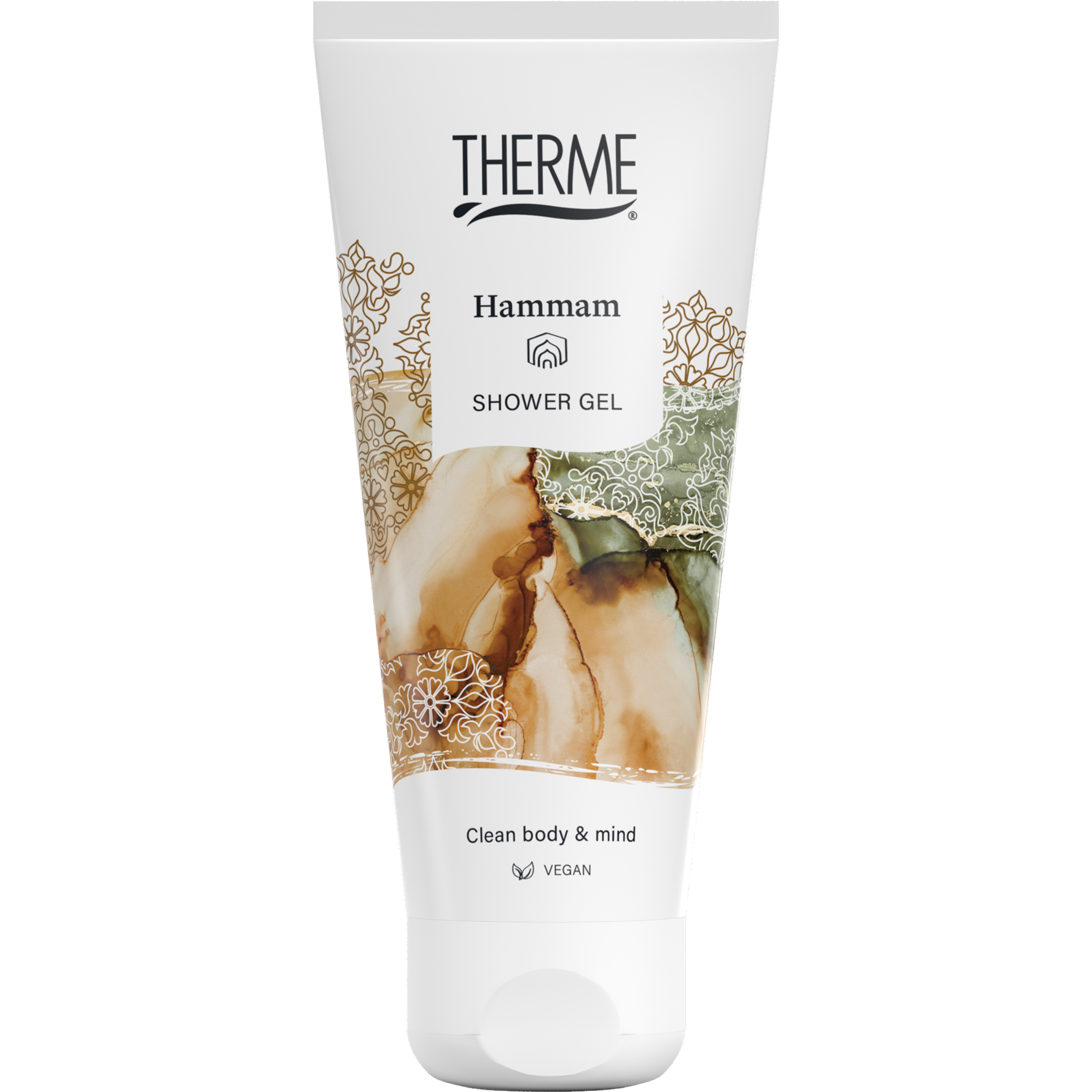 Therme Hammam shower gel 200ml bottle, bad en douche product with label and pump dispenser visible.