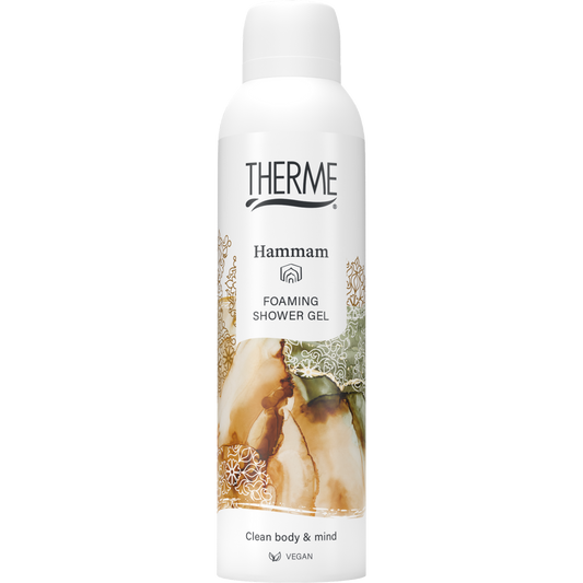 Therme Hammam foaming shower gel in 200ml bottle, gentle bad en douche with luxurious foam and soothing scent.