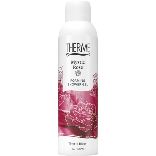 Therme Mystic Rose foam shower gel in 200ml bottle, luxurious bath and shower product with floral rose scent