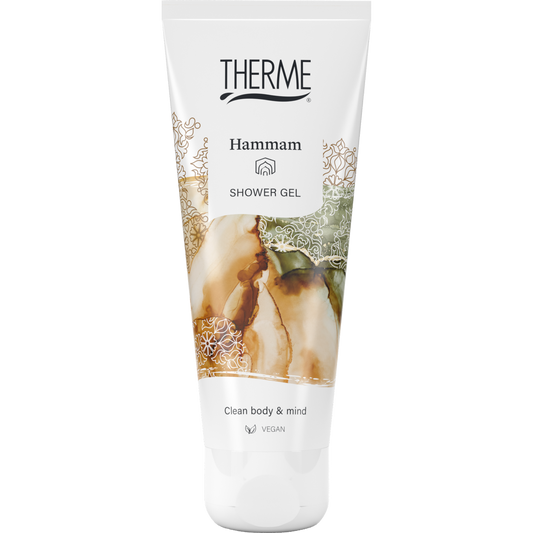 Therme Hammam shower gel 75ml in a clear bottle with a pump dispenser, featuring a soft, luxurious design.