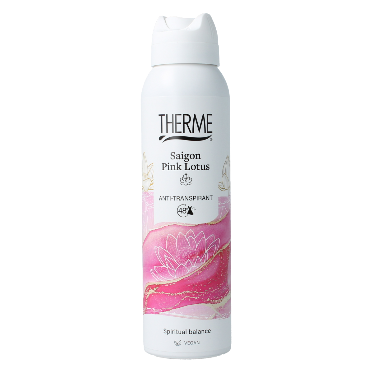 Therme Saigon pink lotus deodorant spray bottle, 150ml, with pink floral design and anti-transpirant features.