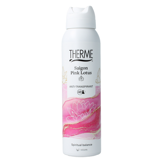 Therme Saigon pink lotus deodorant spray bottle, 150ml, with pink floral design and anti-transpirant features.