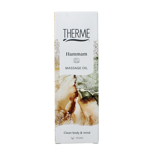 Therme Hammam massage oil in 125ml bottle, soothing body care product with a golden liquid appearance.