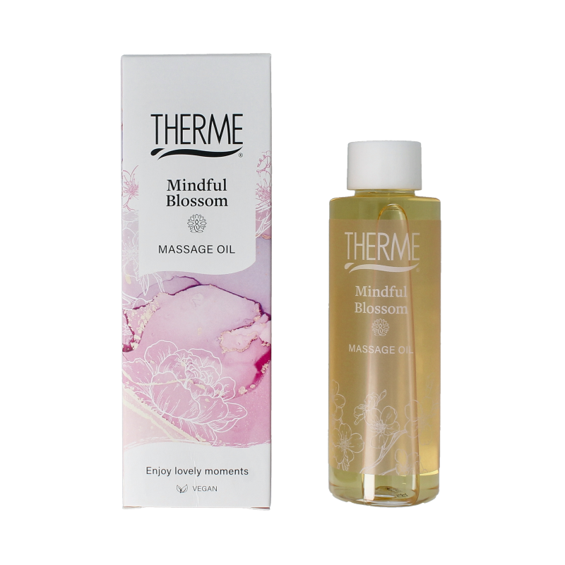 Therme Mindfull Blossom massage oil 125ml bottle, body care product with floral scent, in clear plastic bottle with label.