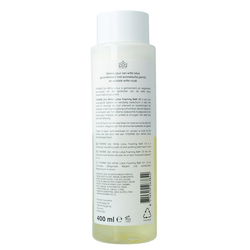 Therme Zen white lotus foaming bath oil in 400ml bottle, ideal for relaxing bath and shower experiences.