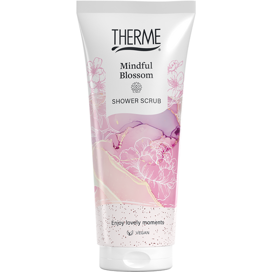 Therme Mindful Blossom shower scrub in 200ml bottle with floral design, ideal for nourishing body and shower routine.
