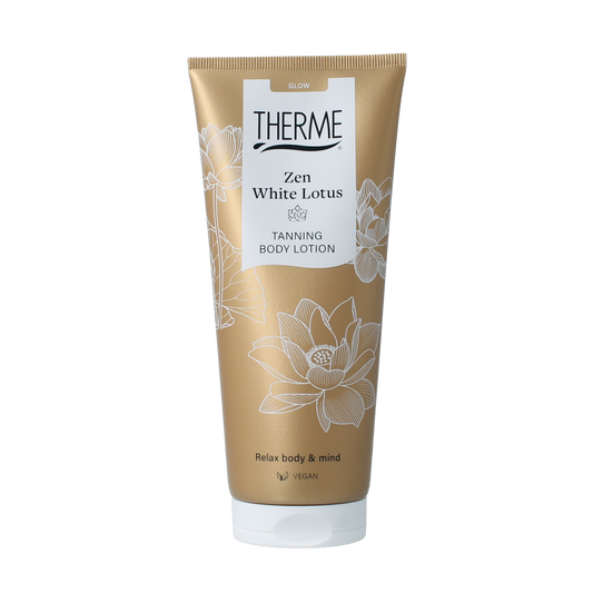 Therme Zen white lotus tanning body lotion 200ml bottle, featuring a sleek white design and product label.