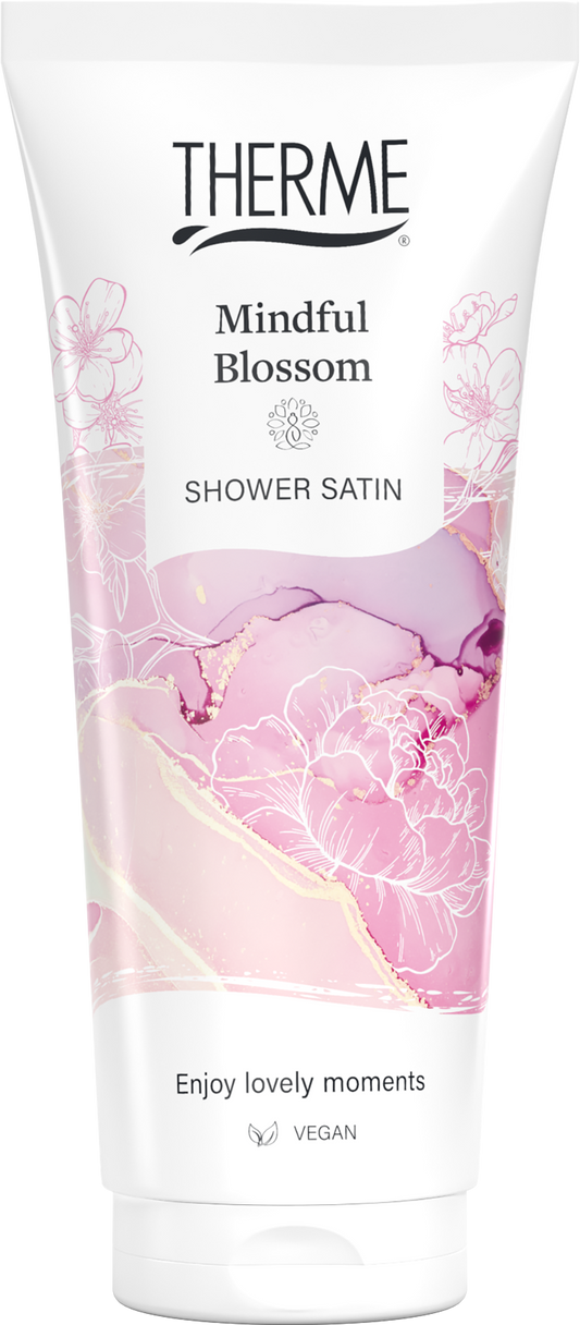 Therme Mindful Blossom Shower Satin 200ml body care product with floral packaging and soft, silky texture visible in the image.